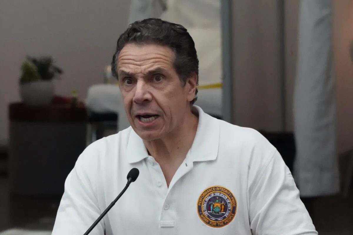 New York Gov. Andrew Cuomo speaks to the press at the Jacob K. Javits Convention Center in New York on March 27, 2020. (Bryan R. Smith/AFP via Getty Images)