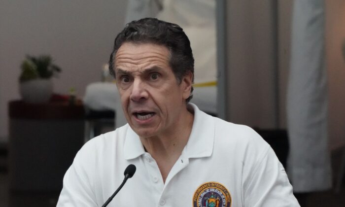 New York Gov. Andrew Cuomo speaks to the press at the Jacob K. Javits Convention Center in New York on March 27, 2020. (Bryan R. Smith/AFP via Getty Images)