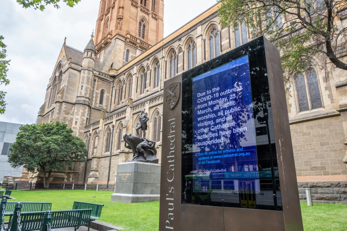 A notice at St. Pauls Cathedral in Melbourne, Australia, on Easter Friday informs patrons of a March 23, 2020, directive by the Australian Government that places of worship must remain closed over the Easter Holidays. (Asanka Ratnayake/Getty Images)