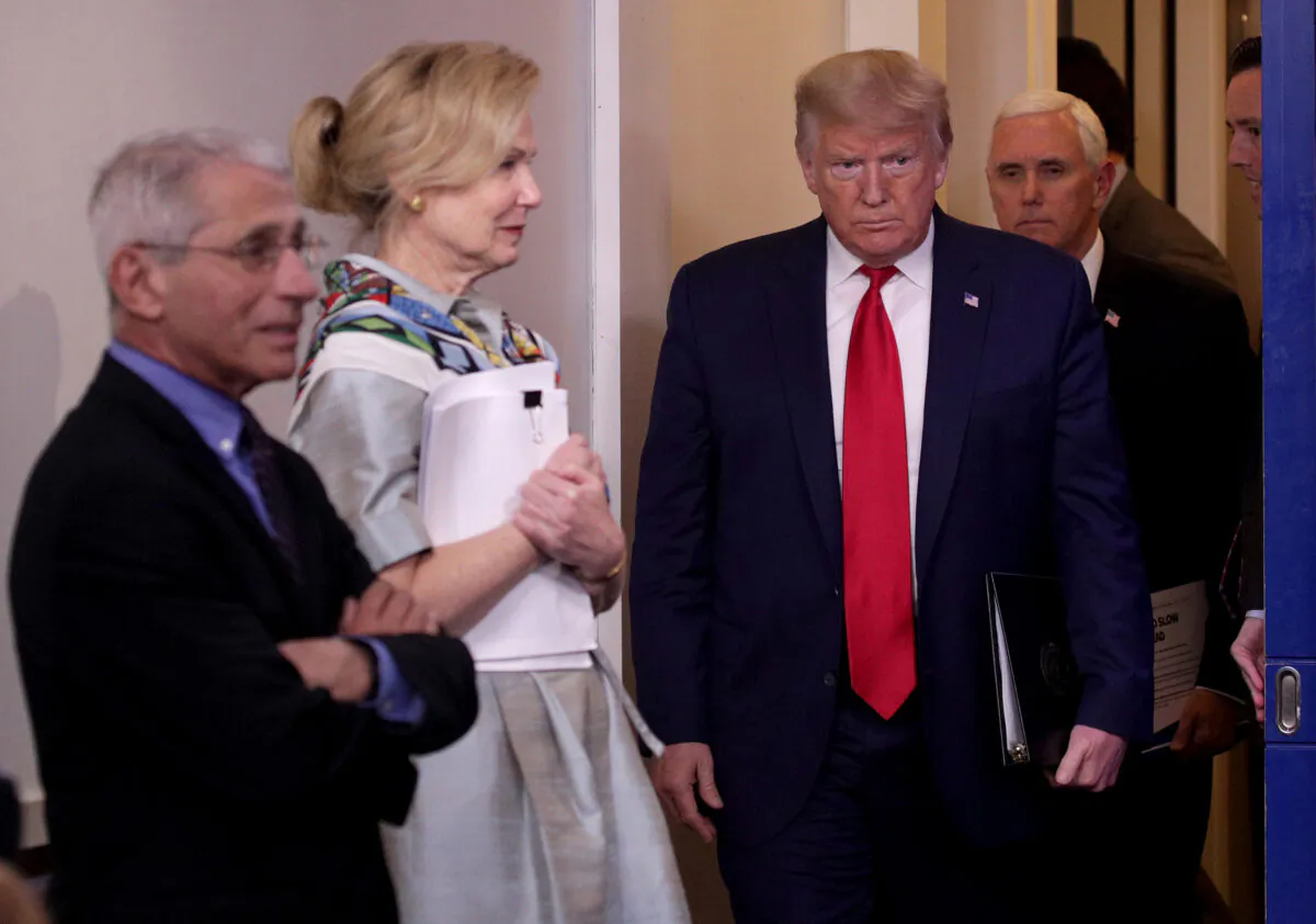President Donald Trump, followed by Vice President Mike Pence, enters a White House Coronavirus Task Force briefing in the Brady Press Briefing Room at the White House in Washington on April 9, 2020. (Alex Wong/Getty Images)