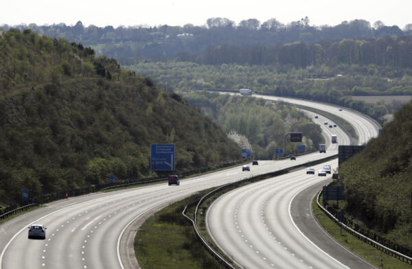 The almost empty M3 motorway, that would normally carry thousands of holiday makers for this long holiday weekend, near to Winchester, England, on April 10, 2020.