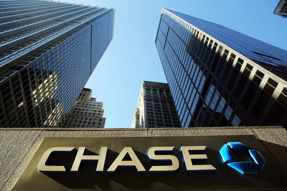 A sign hangs on One Chase Plaza in lower Manhattan, New York City, in a photo taken on Oct. 14, 2014. (Spencer Platt/Getty Images)