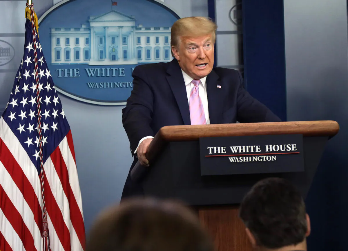 President Donald Trump speaks during the daily briefing of the White House Coronavirus Task Force in the James Brady Briefing Room at the White House in Washington on April 10, 2020. (Alex Wong/Getty Images)