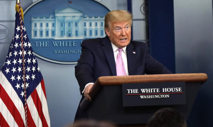 President Donald Trump speaks during the daily briefing of the White House Coronavirus Task Force in the James Brady Briefing Room at the White House in Washington on April 10, 2020. (Alex Wong/Getty Images)