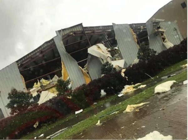 A damaged building at the Monroe Regional Airport complex