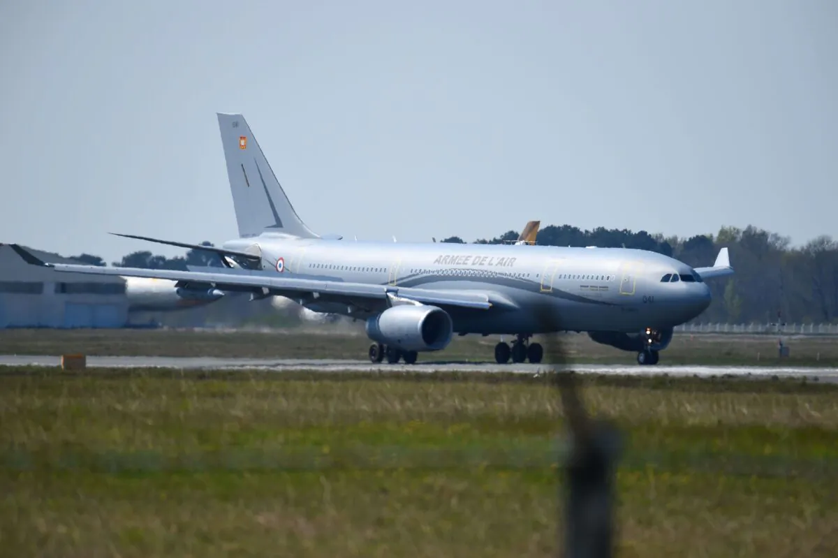 An A330 Phenix of the French Air Force of operation 'Morphee' carrying patients infected with COVID-19 from Mulhouse lands at Bordeaux Airport in Merignac, southwestern France, on March 27, 2020. (Nicolas Tucat/AFP via Getty Images)