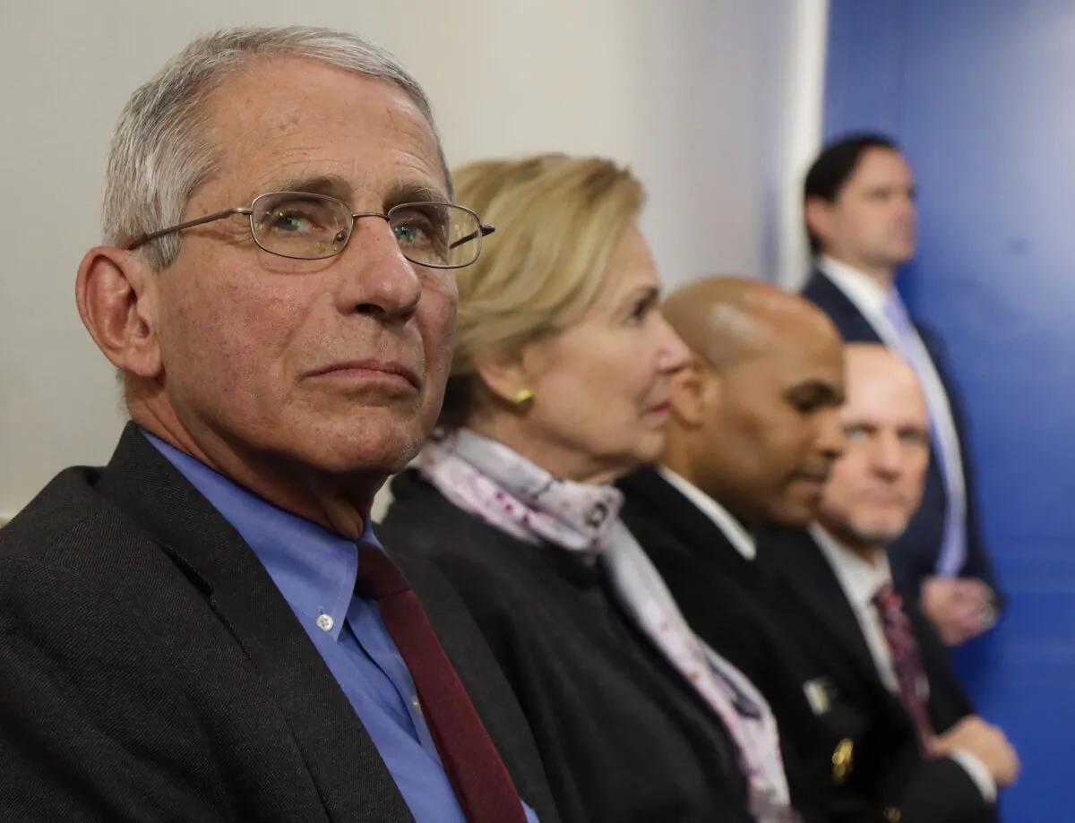 Dr. Anthony Fauci, director of the National Institute of Allergy and Infectious Diseases, attends the daily briefing of the Coronavirus Task Force at the White House in Washington on April 10, 2020. (Alex Wong/Getty Images)