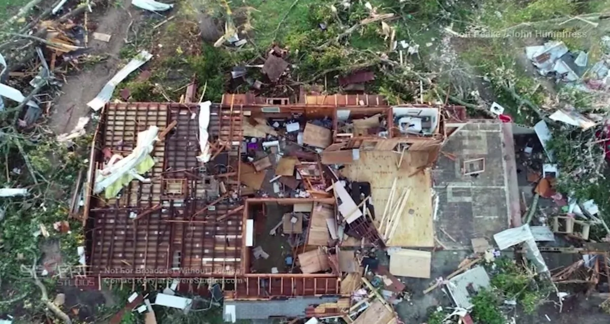 Drone video shows leveled homes and uprooted trees in Soso, Miss., on April 13, 2020. (Courtesy of SevereStudios-Humphress/Peake)