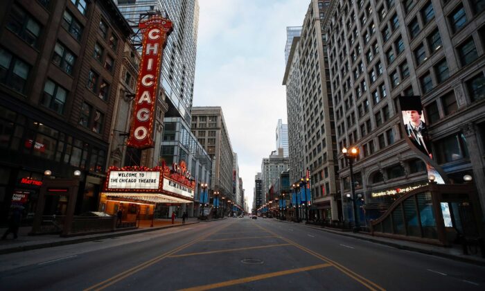 The closed Chicago Theatre is seen in Chicago, Ill., on March 21, 2020. (Kamil Krzaczynski/AFP via Getty Images)