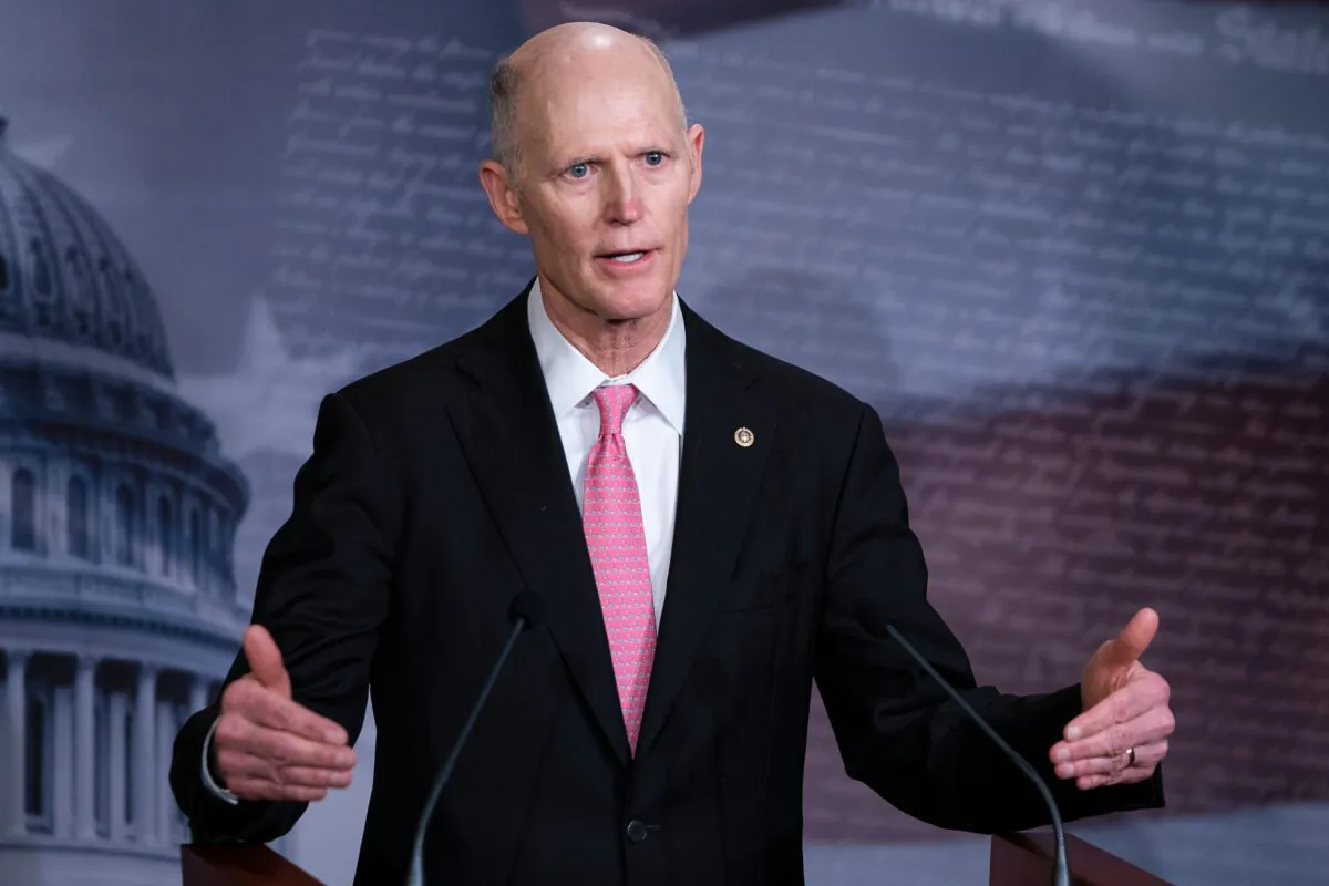 Senator Rick Scott (R-Fla.) speaks during a press conference at the US Capitol in Washington, on March 25, 2020. (Alex Edelman/AFP via Getty Images)