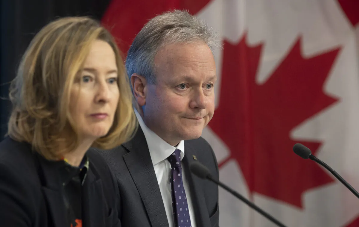Bank of Canada governor Stephen Poloz and senior deputy governor Carolyn Wilkins listen to a question during a news conference in Ottawa on Jan. 22, 2020. (The Canadian Press/Adrian Wyld)