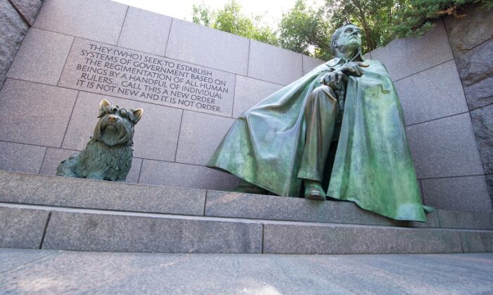A statue of Franklin Delano Roosevelt and his dog, Fala, are seen at the FDR Memorial in Washington on Sept. 20, 2012. (Karen Bleier/AFP via Getty Images)