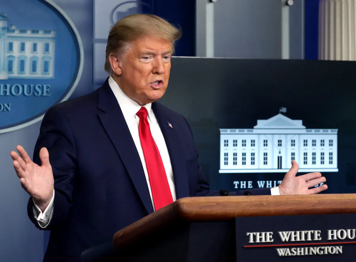 President Donald Trump speaks during the daily briefing of the White House Coronavirus Task Force at the James Brady Press Briefing Room of the White House in Washington on April 13, 2020. (Alex Wong/Getty Images)