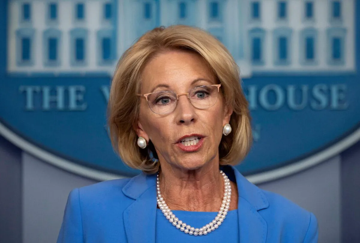 Secretary of Education Betsy Devos speaks during the daily briefing in the Brady Briefing Room at the White House on March 27, 2020. (Jim Watson/AFP via Getty Images)