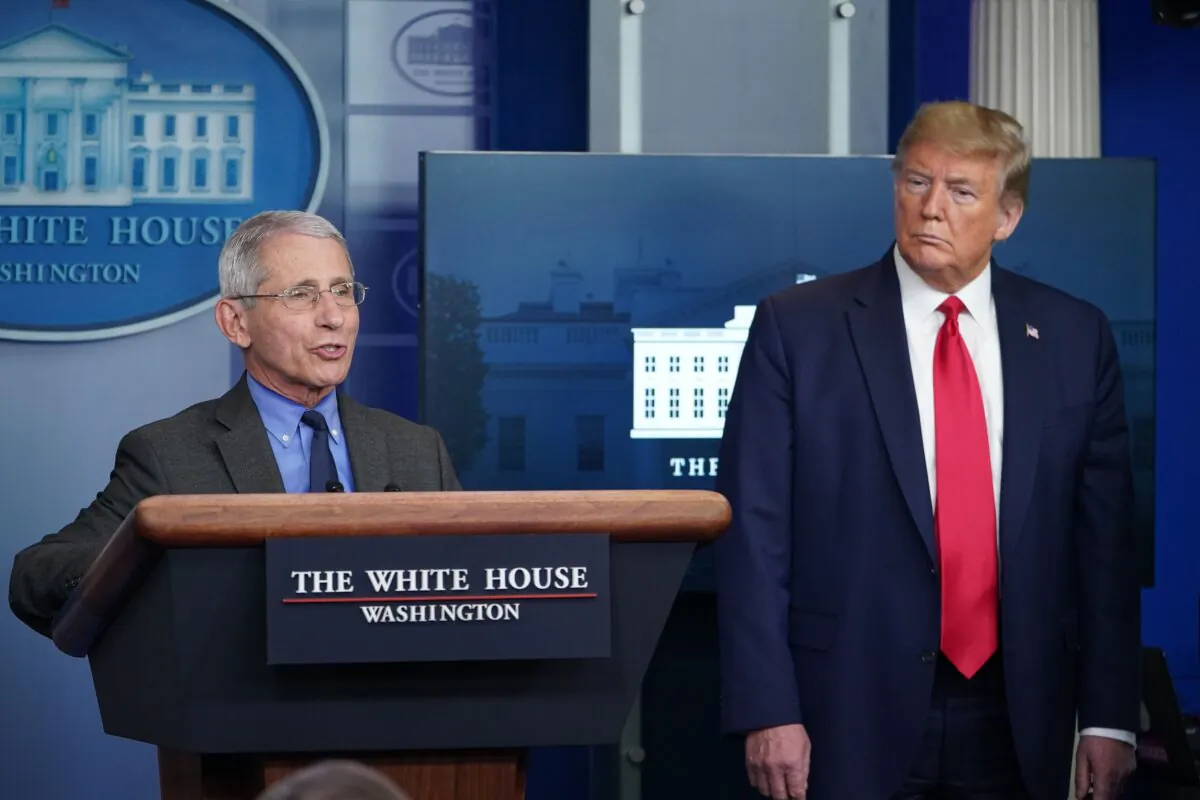 Director of the National Institute of Allergy and Infectious Diseases Anthony Fauci, left, speaks as then-President Donald Trump listens, at the White House in Washington on April 13, 2020. (Mandel Ngan/AFP via Getty Images)