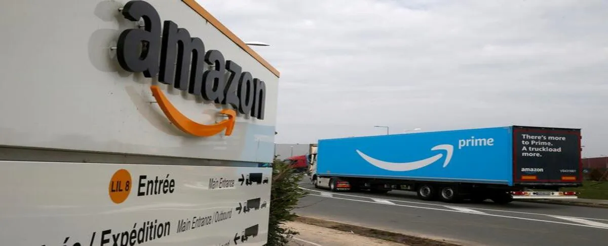 A truck bearing the Amazon Prime logo arrives at the Amazon logistics center in Lauwin-Planque, northern France, on March 19, 2020. (Pascal Rossignol/File Photo/Reuters)