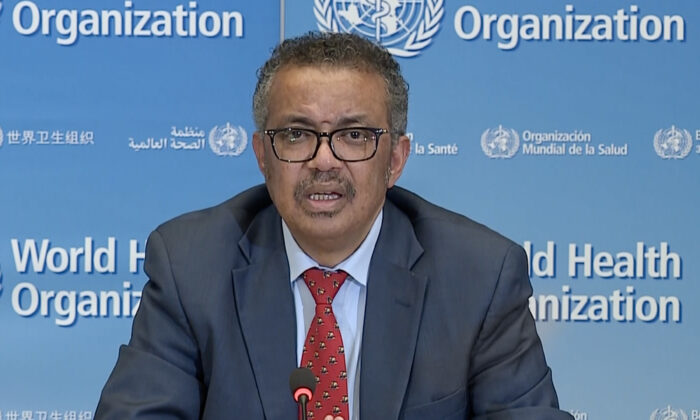 World Health Organization chief Tedros Adhanom Ghebreyesus at the WHO headquarters in Geneva, Switzerland, on April 6, 2020. (AFP via Getty Images)