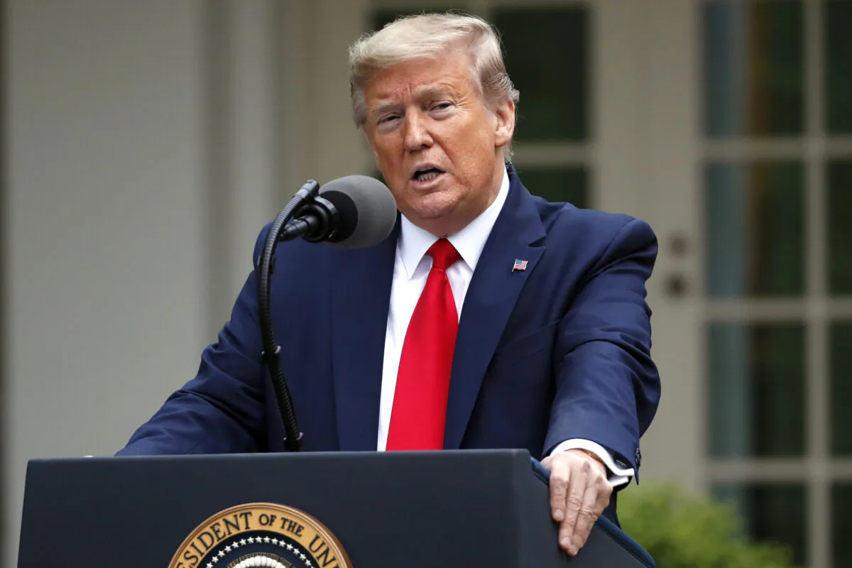 President Donald Trump speaks about the CCP virus in the Rose Garden of the White House, on April 14, 2020. (Alex Brandon/AP Photo)