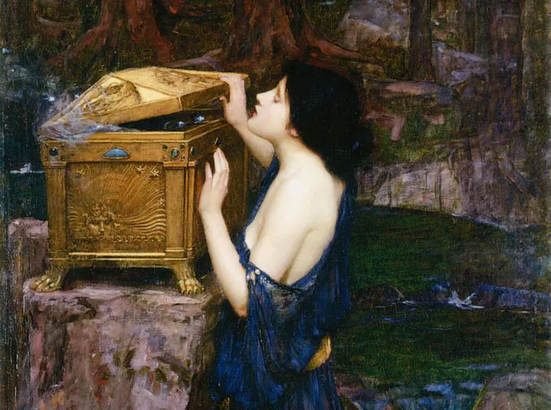 Detail from “Pandora,” 1898, by John William Waterhouse. Oil on Canvas; 35.9 inches by 59.8 inches. Private Collection. (Public Domain)