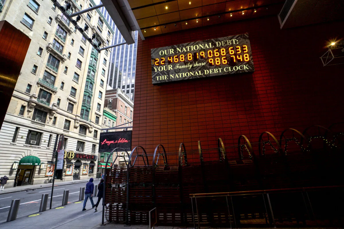 The National Debt Clock in midtown Manhattan, New York City, on April 15, 2020. (Chung I Ho/The Epoch Times)