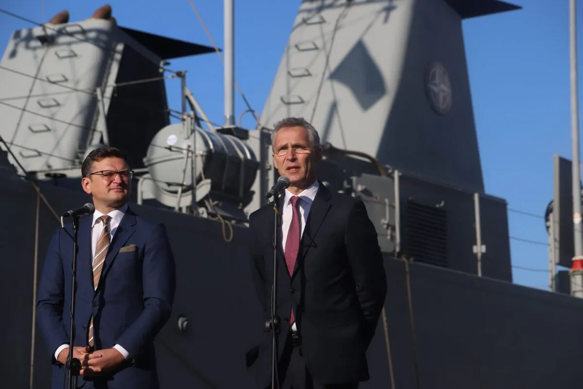 Ukraine’s Foreign Minister and then Vice Prime Minister for European and Euro-Atlantic Integration Dmytro Kuleba (L) hosts NATO Secretary General Jens Stoltenberg (R) on his visit to NATO ships in the Ukrainian Black Sea port of Odessa on October 30, 2019. (Oleksandr Gimanov//AFP via Getty Images)