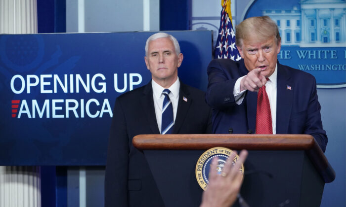 President Donald Trump takes questions from journalists during the daily briefing on the CCP virus in the Brady Briefing Room of the White House in Washington on April 16, 2020. (MANDEL NGAN/AFP via Getty Images)