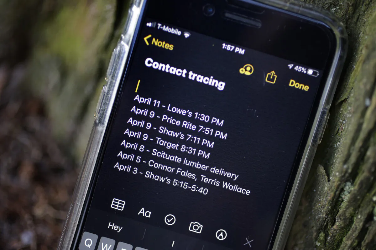 A smartphone belonging to Drew Grande, 40, of Cranston, R.I., shows notes he made for contact tracing on April 15, 2020.  (Steven Senne/AP)