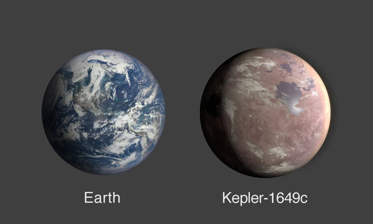 A comparison of Earth and Kepler-1649c, an exoplanet only 1.06 times Earth's radius. (NASA/Ames Research Center/Daniel Rutter)

