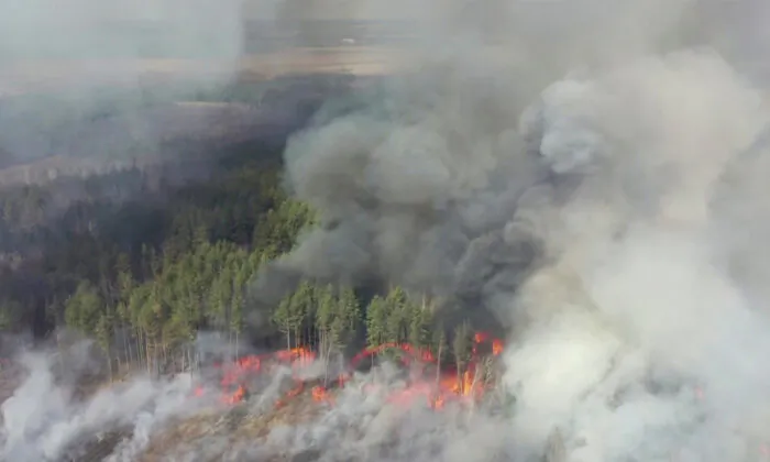 FILE PHOTO: An aerial view shows a forest fire in the 30 km (19 mile) exclusion zone around the Chernobyl nuclear power plant in this still picture taken from video in Ukraine on April 12, 2020. Video taken April 12, 2020. (Reuters TV)