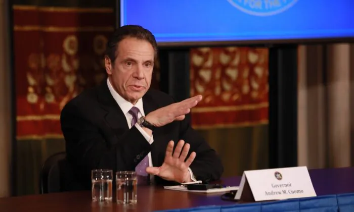 New York Governor Andrew Cuomo speaks at his daily CCP virus briefing in Albany, N.Y., on April 17, 2020. (Matthew Cavanaugh/Getty Images)
