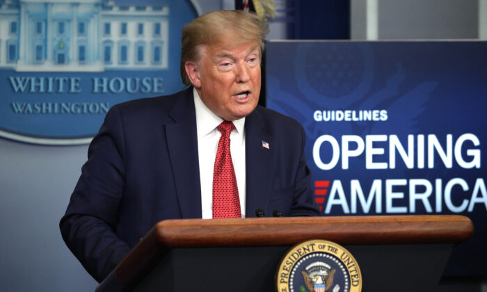 President Donald Trump speaks during the daily briefing of the White House Coronavirus Task Force in the briefing room at the White House in Washington on April 16, 2020. (Alex Wong/Getty Images)