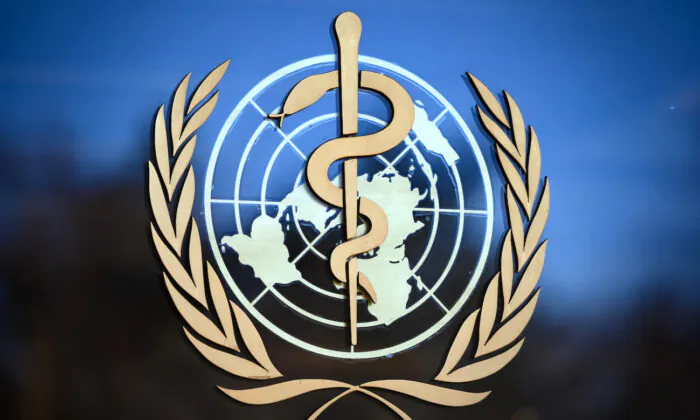 The Logo of the World Health Organization (WHO) at their headquarters in Geneva, Switzerland, on Feb. 24, 2020. (Fabrice Coffrini/AFP via Getty Images)