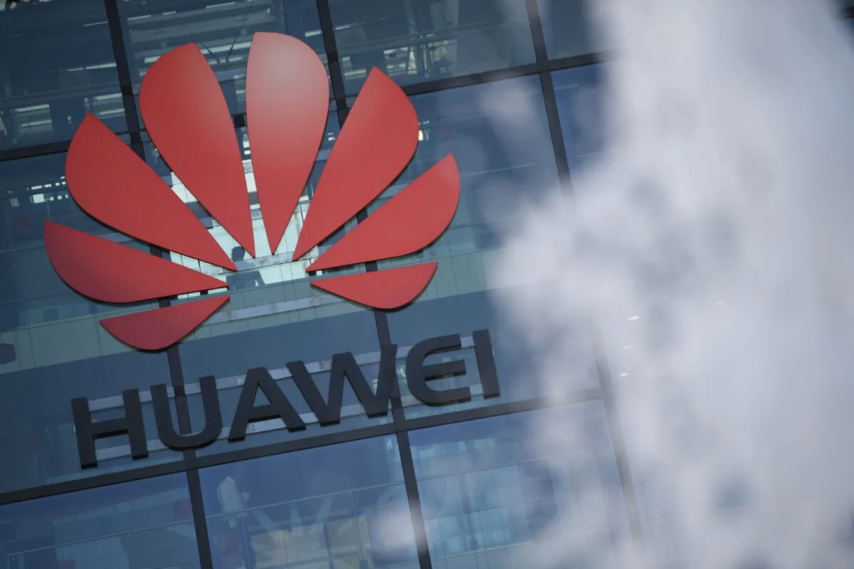 A photograph shows the logo of Chinese company Huawei at their main UK offices in Reading, west of London, on January 28, 2020. (Daniel Leal-Olivas/AFP via Getty Images)