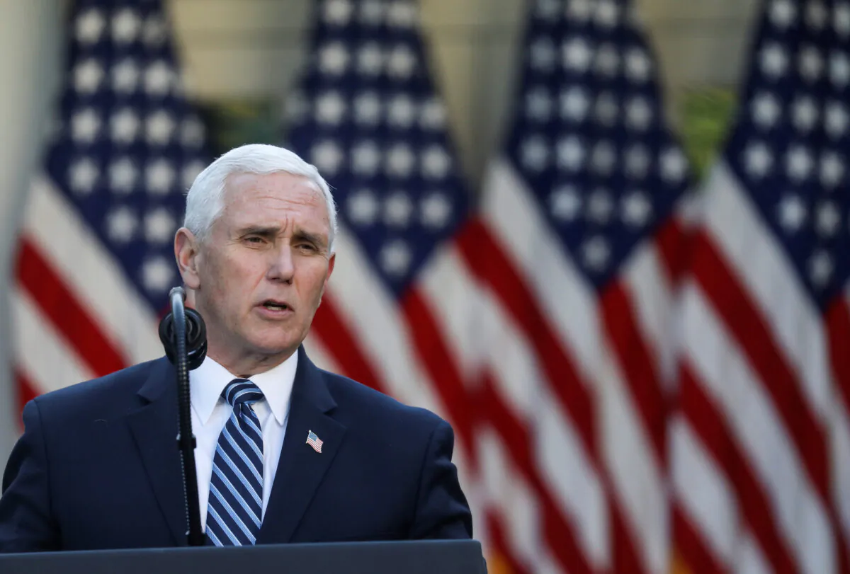 Vice President Mike Pence addresses the daily CCP virus task force briefing in the Rose Garden at the White House on April 15, 2020. (Leah Millis/Reuters)