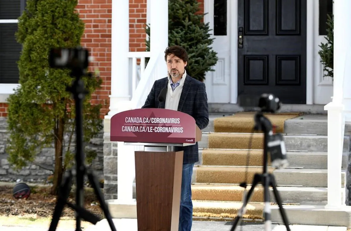 Prime Minister Justin Trudeau speaks during his daily press conference on the COVID-19 pandemic, in front of his residence at Rideau Cottage on Saturday, April 18, 2020. (Justin Tang/The Canadian Press)