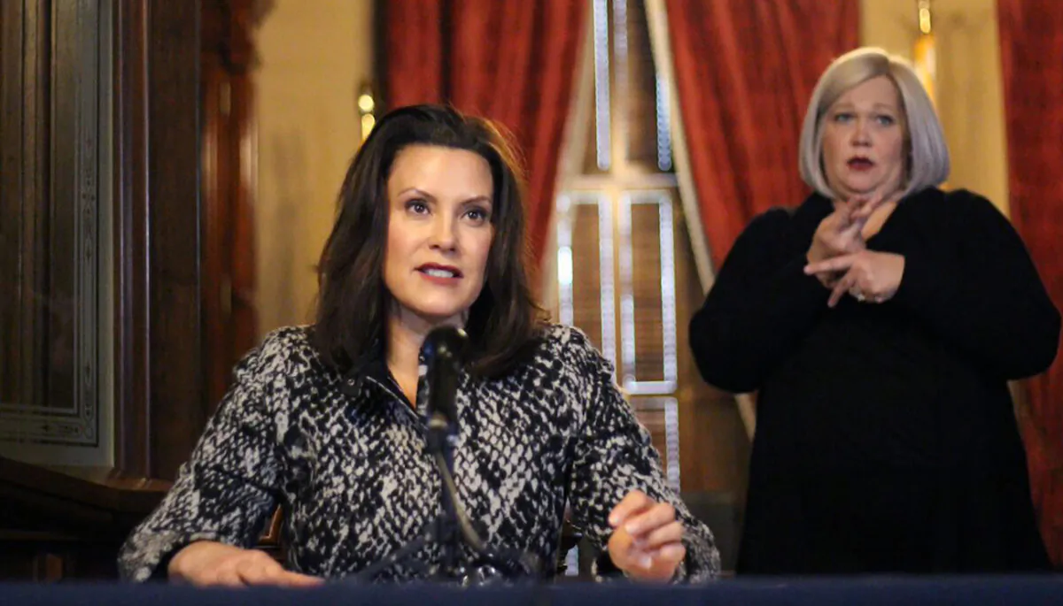 Michigan Gov. Gretchen Whitmer addresses the state during a speech in Lansing, Mich., on April 13, 2020. (Michigan Office of the Governor via AP)