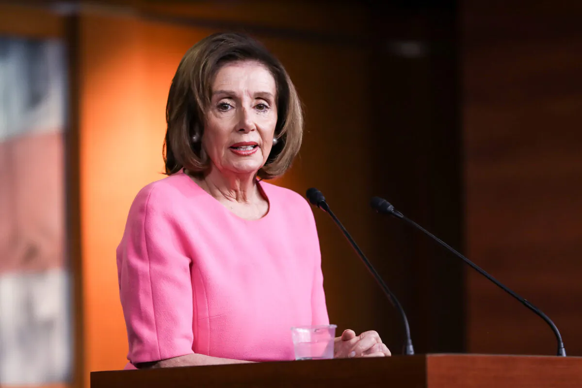 House Speaker Nancy Pelosi (D-Calif.) holds a press conference at the U.S. Capitol in Washington on March 26, 2020. (Charlotte Cuthbertson/The Epoch Times)