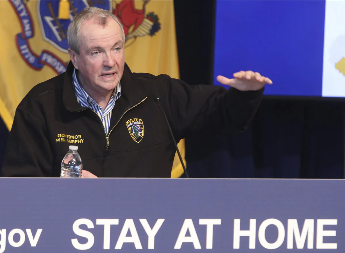 New Jersey Gov. Phil Murphy holds a news conference regarding the COVID-19 cases at the War Memorial in Trenton, N.J. on April 11, 2020.  (Chris Pedota/The Record via AP, Pool)