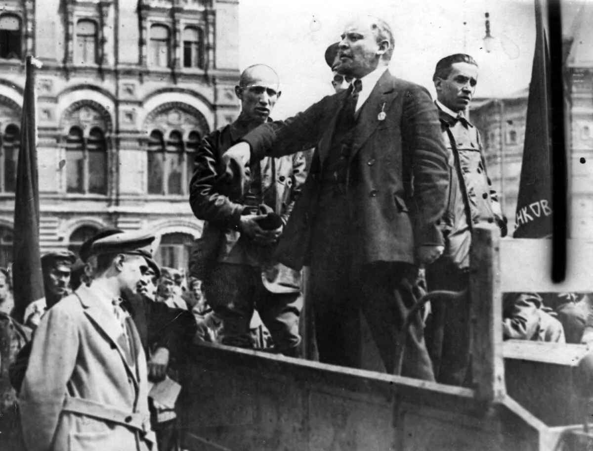 Russian communist revolutionary leader Vladimir Lenin (1870-1924) gives a speech from the back of a vehicle in Moscow in an undated photo. (Hulton Archive/Getty Images)