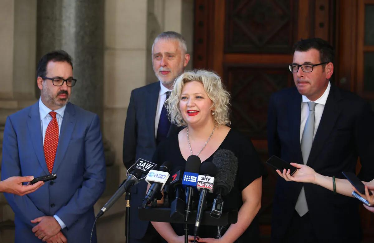 Victorian Special Minister of State Gavin Jennings, Victorian Premier Daniel Andrews and now Workplace Safety Minister Jill Hennessy. 
MELBOURNE, AUSTRALIA - NOVEMBER 22, 2017. (Scott Barbour/Getty Images)