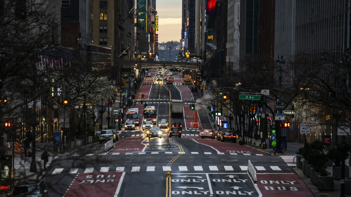 Light Traffic is seen along 42nd street in New York City on March 27, 2020. (Eduardo Munoz Alvarez/Getty Images)