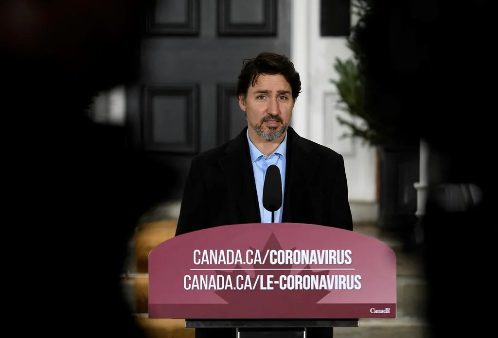Prime Minister Justin Trudeau speaks during his daily press conference on COVID-19, in front of his residence at Rideau Cottage in Ottawa, on April 19, 2020. (The Canadian Press/Justin Tang)
