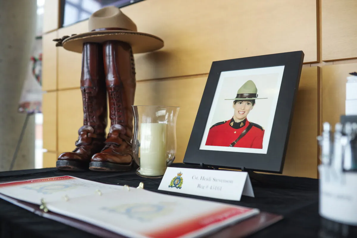 A display dedicated to Constable Heidi Stevenson at RCMP headquarters in Dartmouth, Nova Scotia, on April 20, 2020.  (The Canadian Press/Riley Smith)