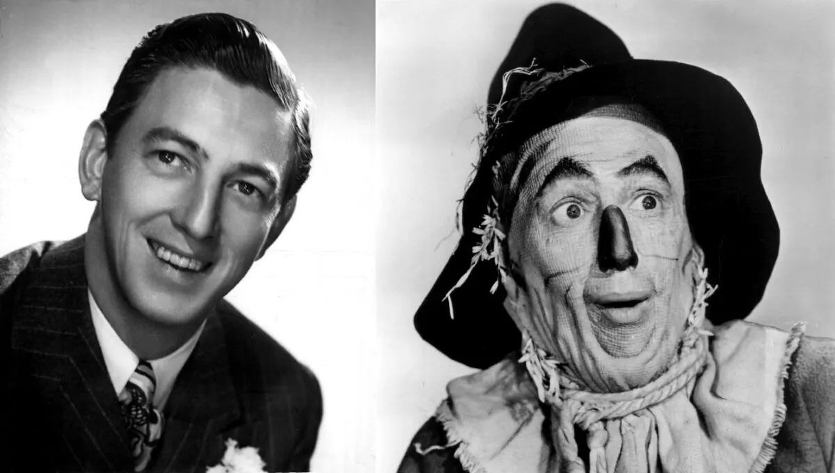 Ray Bolger in 1942 (L), and in 1939 as the Scarecrow in "The Wizard of Oz." (Public Domain)