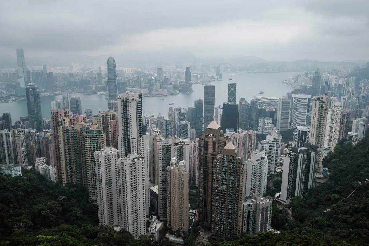 A general view, taken from the tourist attraction Victoria Peak, shows the skylines of Kowloon (back) and Hong Kong Island (foreground) in Hong Kong on April 7, 2020. (ANTHONY WALLACE/AFP via Getty Images)