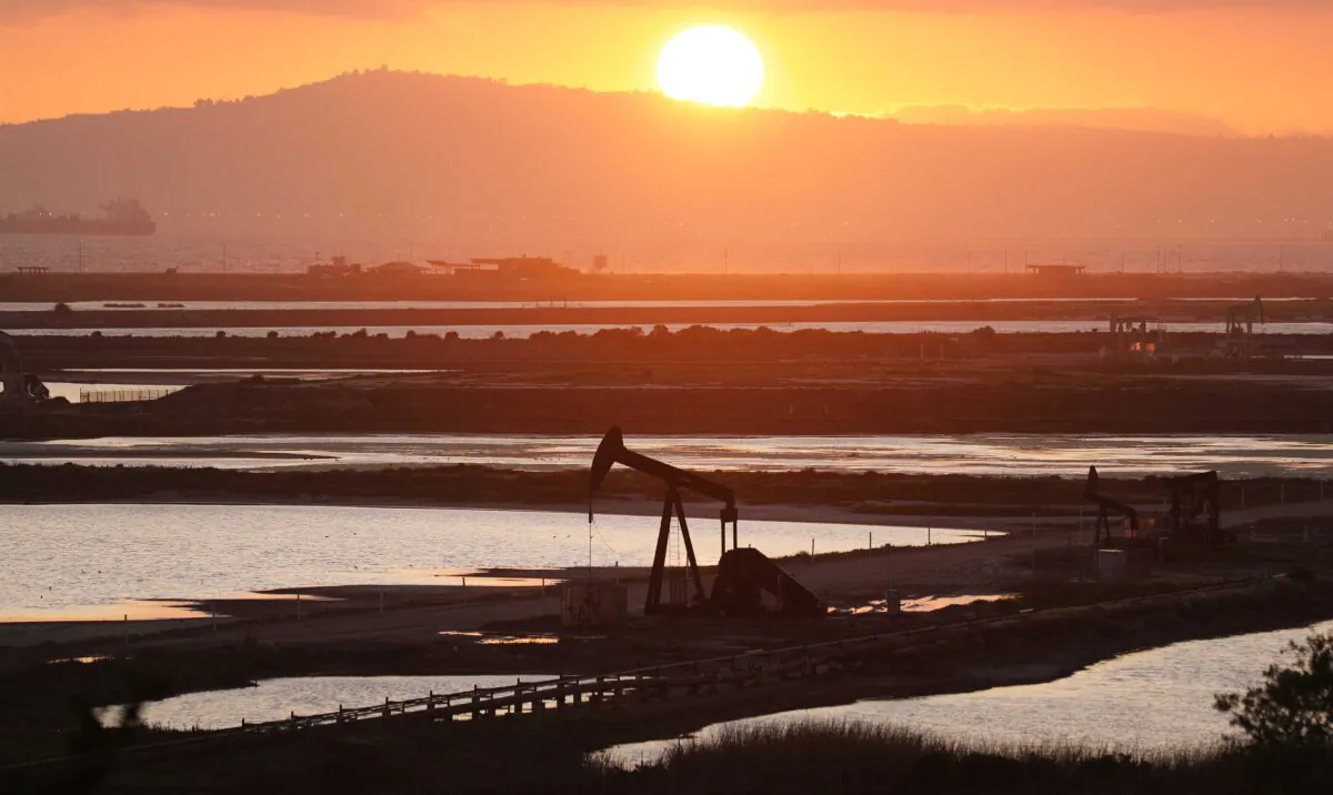 Oil pumpjacks at the Huntington Beach Oil Fields in Huntington Beach, Calif., on April 20, 2020. (Mario Tama/Getty Images)