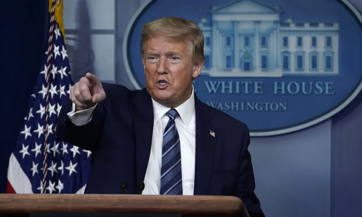 President Donald Trump speaks during the daily CCP virus briefing at the White House in Washington on April 21, 2020. (Drew Angerer/Getty Images)