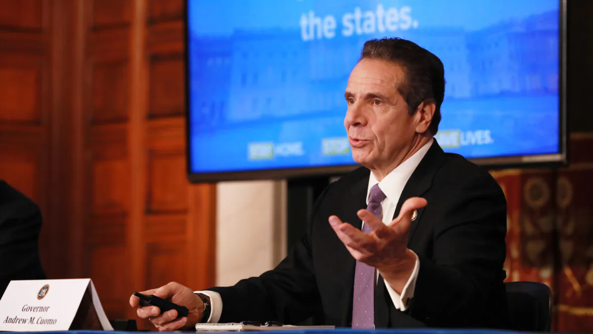 New York Governor Andrew Cuomo gives his a press briefing about the coronavirus crisis in Albany, N.Y., on April 17, 2020. (Matthew Cavanaugh/Getty Images)