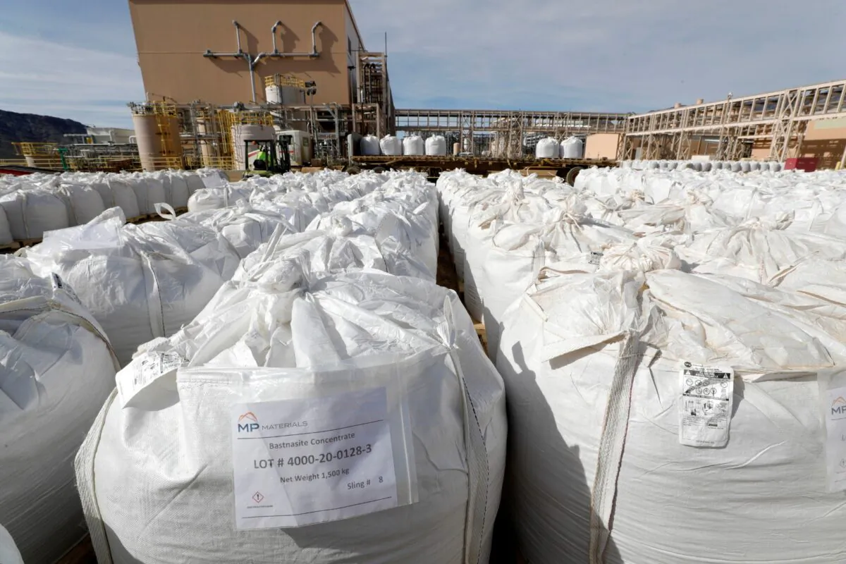 A shipping area is filled with 1,500 kg bags of bastnasite concentrate at the MP Materials rare earth mine in Mountain Pass, Calif., on Jan. 30, 2020. (Steve Marcus/Reuters)