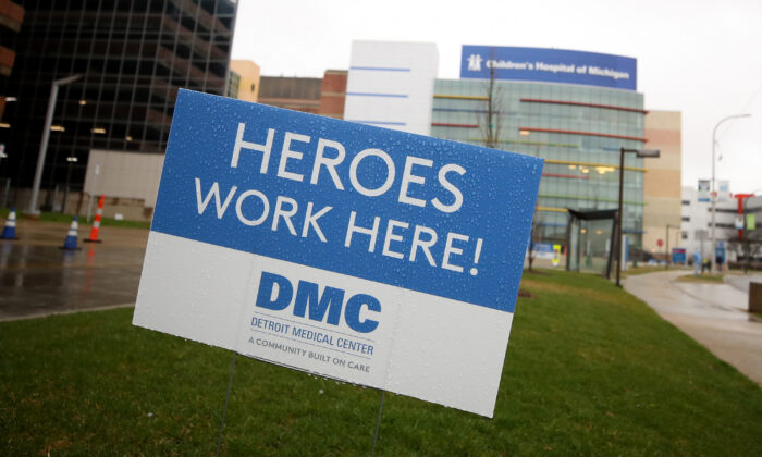 A sign outside the Detroit Medical Center, on April 17, 2020. A parade to support health care workers during the COVID-19 pandemic was held. (Gregory Shamus/Getty Images)
